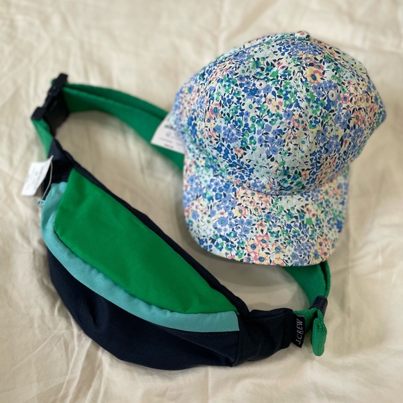 J. CREW FLORAL PRINTED BASEBALL HAT CAP & COLORBLOCK BELT BAG LOT NEW NWT